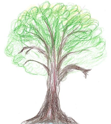 Das Bild zeigt einen gemalten Baum mit Stamm, Ästen und Blattwerk.