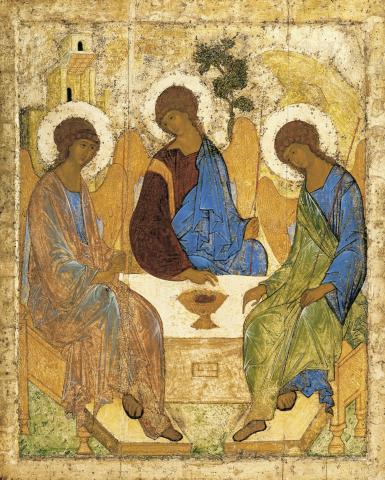 Eine Ikone, auf der die Dreieinigkeit in Form von drei Engeln an einem Tisch dargestellt ist.